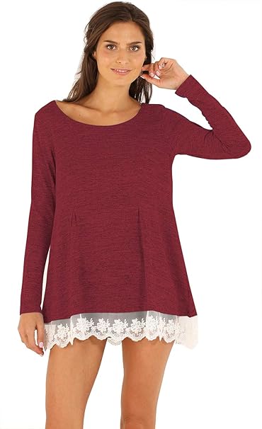 Women's Long Sleeve Tops Loose Swing Casual Hem Lace Round Neck Tshirt Blouse at Amazon Womenâs 