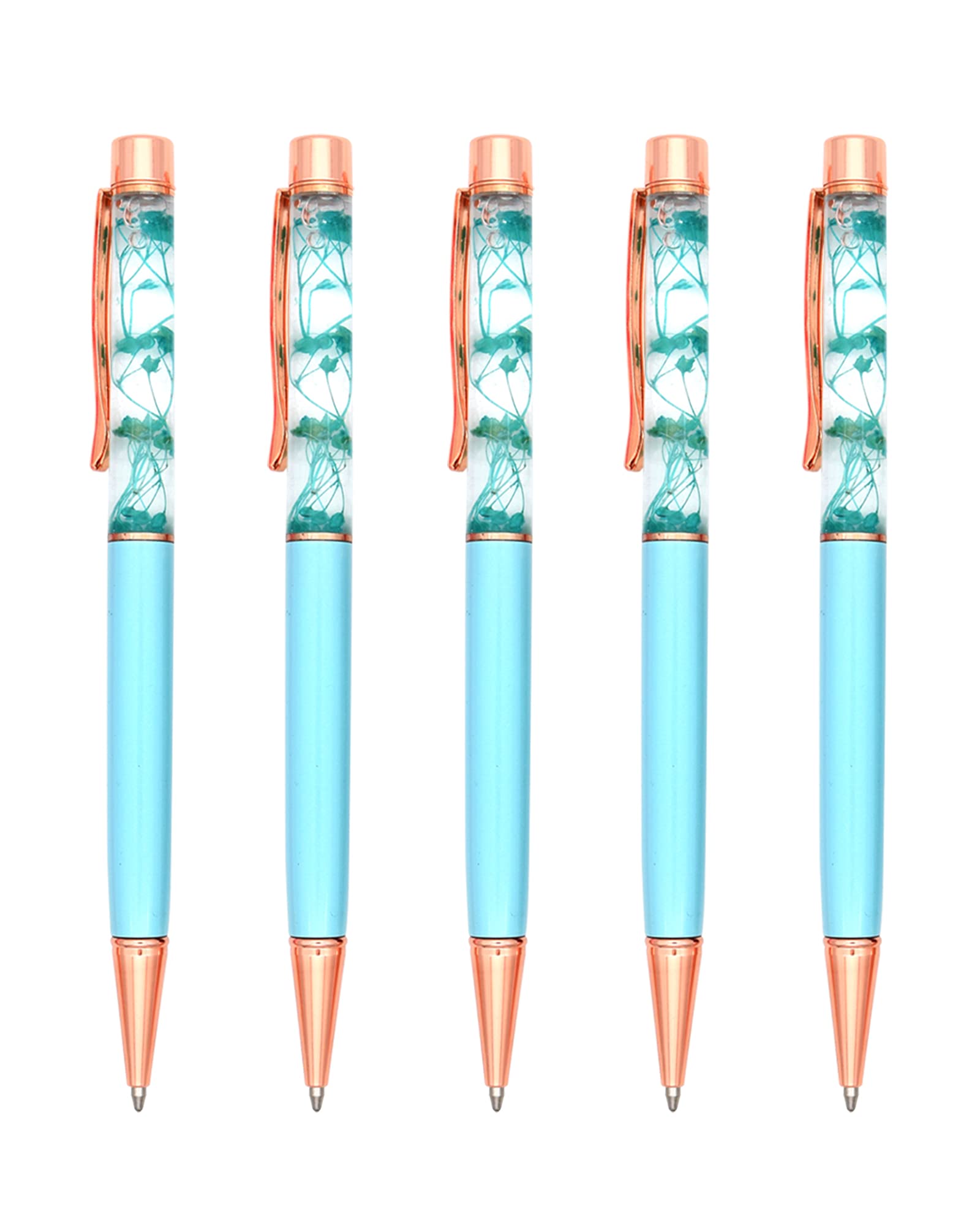 Gullor 5 Pieces Floral Ballpoint Pen Metal Flower Pen Dynamic Liquid Flower Pen, Black Ink, Blue