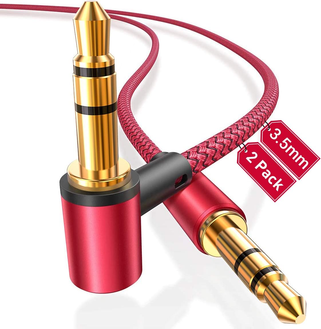 AINOPE Aux Cables [2-Pack/4ft], 90°Angled 3.5mm Aux Cord[Hi-Fi Sound, Nylon Braided] Male to Male Stereo Audio Cables Compatible with Car, Beats Headphone, Studio, Recorder, Smartphone- Red