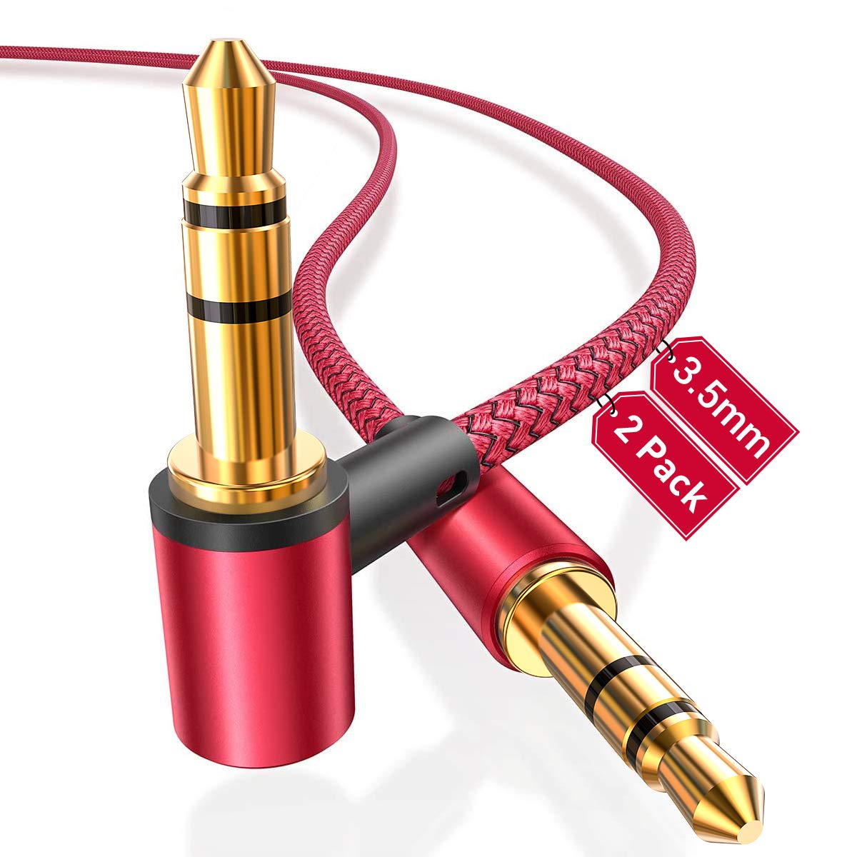 AINOPE Aux Cables [2-Pack/4ft], 90°Angled 3.5mm Aux Cord[Hi-Fi Sound, Nylon Braided] Male to Male Stereo Audio Cables Compatible with Car, Beats Headphone, Studio, Recorder, Smartphone- Red