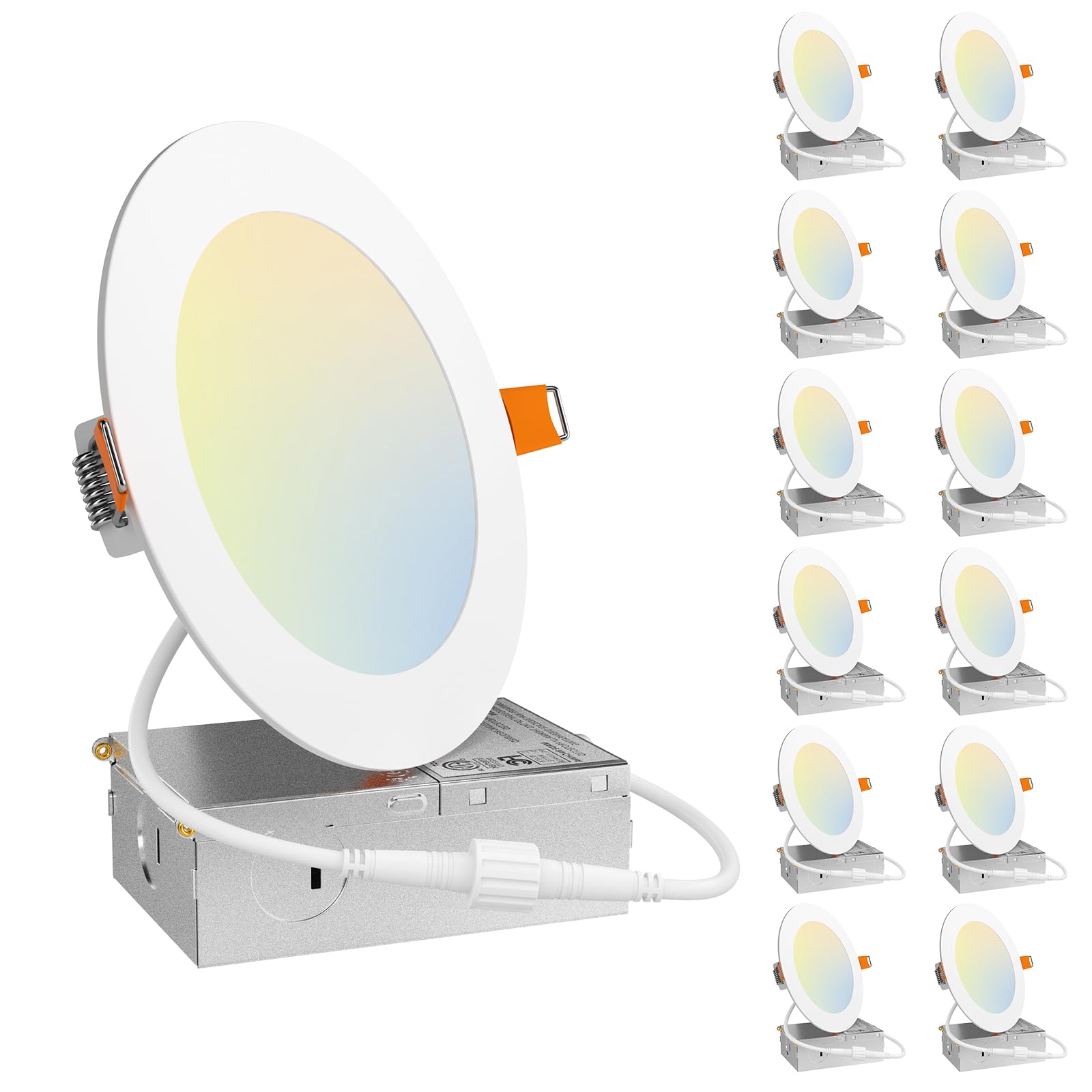 Amico 12 Pack 5 Inch 5CCT Ultra-Thin LED Recessed Can/Ceiling Light with Junction Box, 900LM High Brightness, Dimmable Wafer Downlight, 11W, ETL&FCC