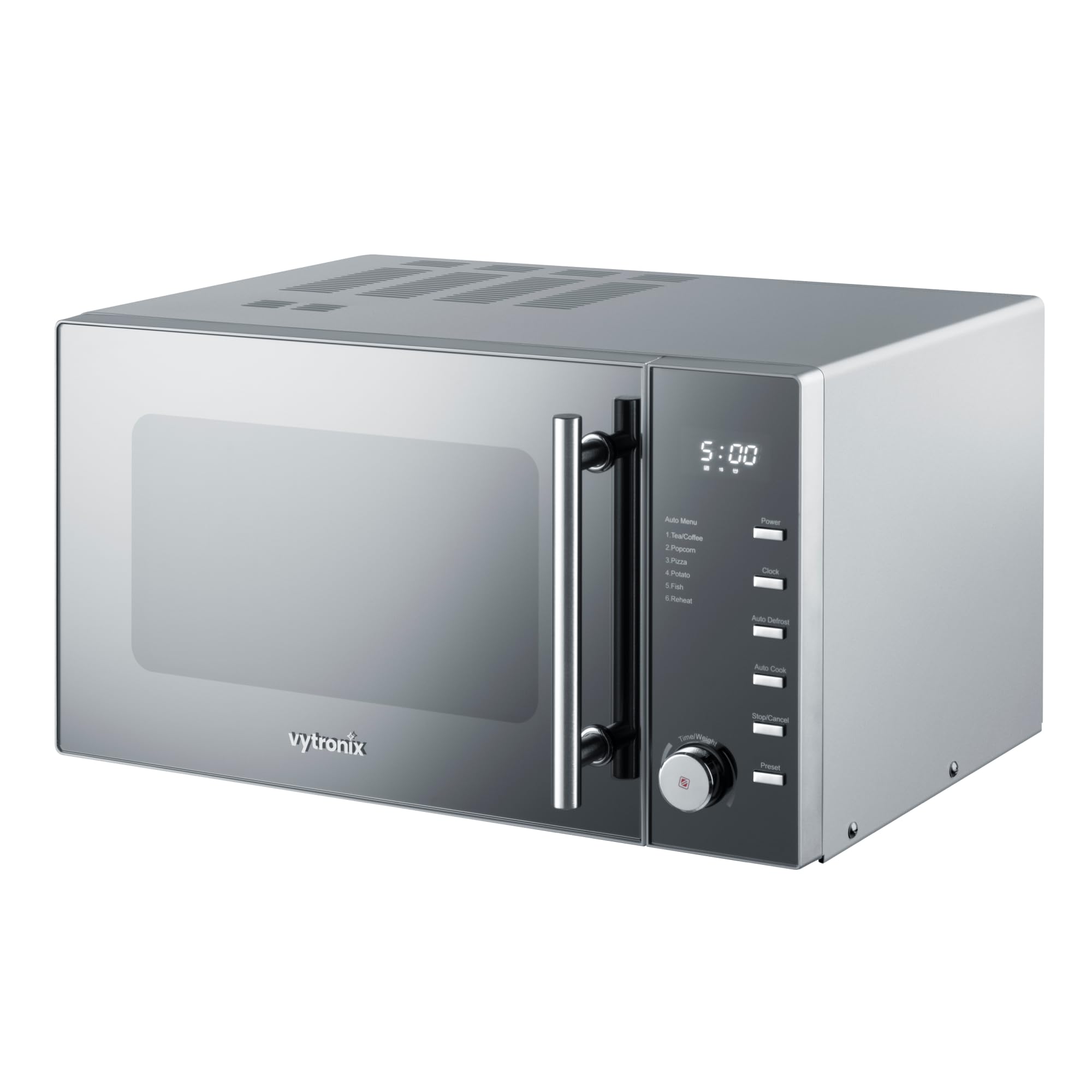 VYTRONIX VY-C900M 900W Digital Microwave Oven | Freestanding Microwave with 5 Power Levels, Clock & Timer Function | Silver Microwave with Mirrored Front, 25 Litre Capacity