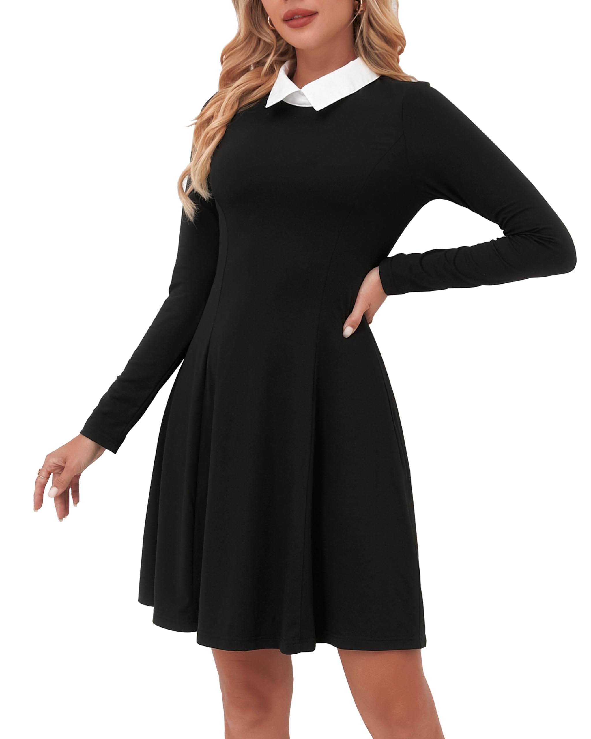 Women's 2025 Long Sleeve Black Fall Dresses Peter Pan Collar Flare Skater Dress for Evening Party Goth Halloween Costume