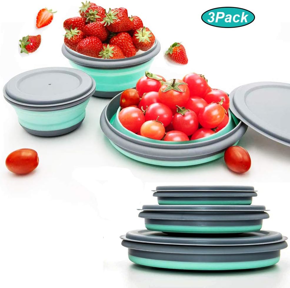 Shallho Collapsible Bowls Silicone Food Storage Bowls with Lids-Silicone Lunch Containers Lunch Box Containers for Adult Kids Outdoor Travel Camping 3Pack Round