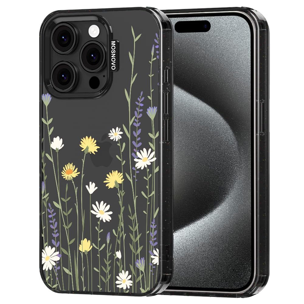 Photo 1 of MOSNOVO Case for iPhone 15 Pro, [10ft 4X Military-Grade Drop Protection] Durable & Shockproof Phone Case Cover Design for iPhone 15 Pro - Wild Meadow - Clear Black