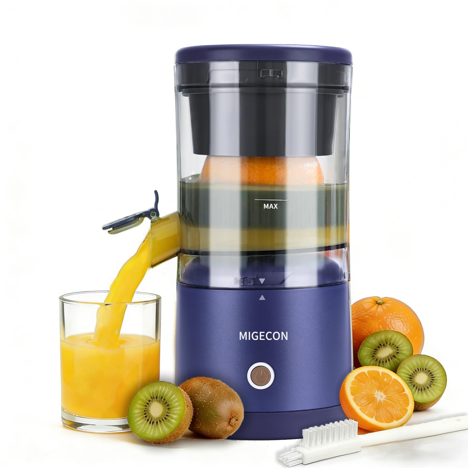 MIGECON Electric Citrus Juicer, Rechargeable Orange Juicer, Portable Juicer Machine, Anti Drip Function, includes Cleaning Brush, for Lemon, Grapefruit, and Lime, Dark Blue