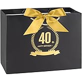 FUNCANDLE Black Gold Happy 40th Birthday Gift Bag with Greeting Handles and Ribbon Decorations Men Women 40 Year Old Birthday Gift Wrapping Bag for Party Favors Elegant Supplies