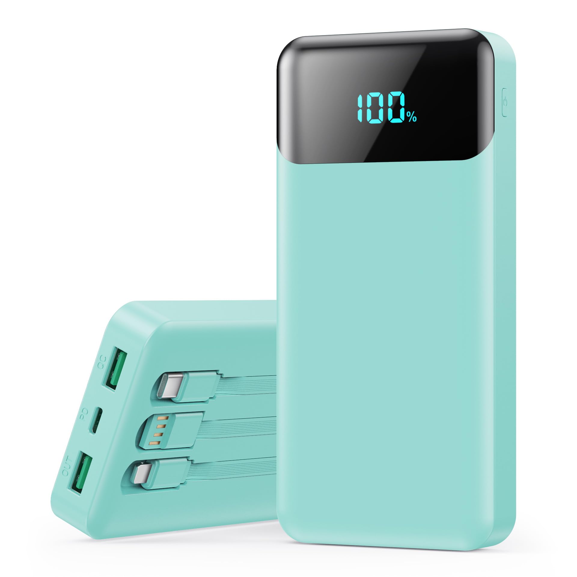 Portable Charger 40800mAh Power Bank with 3 Built-in Cables,PD 25W USB C in&Out Power Bank Fast Phone Charging,QC4.0 5 Outputs Travel Camping Essential Battery Pack for iPhone 17/16,Samsung etc-Green