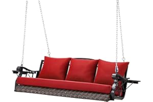 ZZW Heavy Duty 900 LBS Porch Swing Chair 3-Person Outdoor Rattan Patio Swing Lounge w/Cup-Holder & Steel Chains Wicker Hanging Bench Porch Swing Cushions for Deck & Backyard & Garden