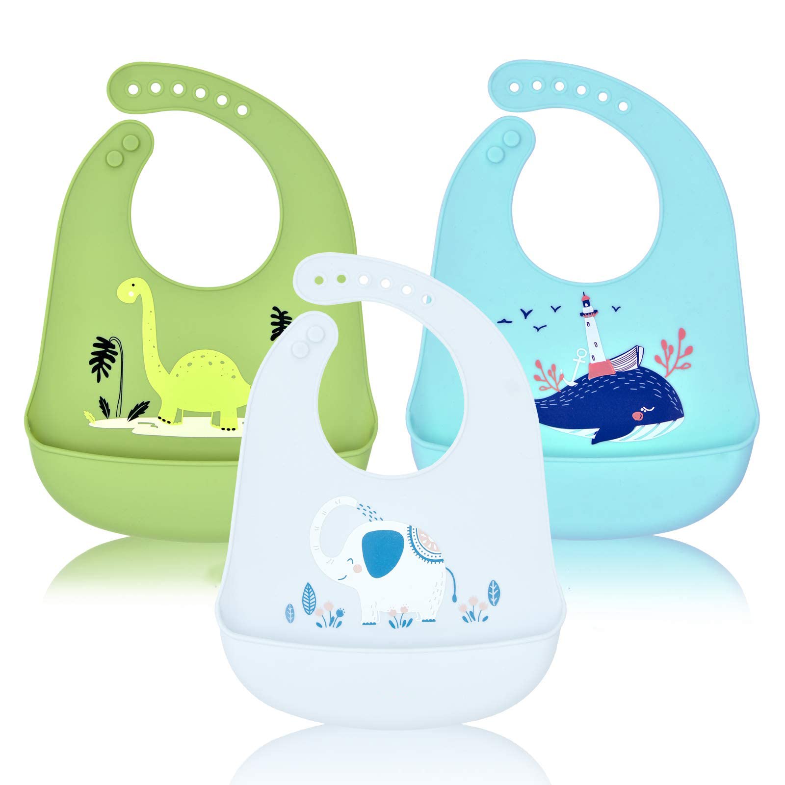FILOWA Silicone Bibs for Babies,3 PCS Baby Weaning Silicone Bibs Feeding Waterproof Wide Food Crumb Soft Catcher Wipeable Adjustable Bib for Toddlers,Machine Washable No-Mess BPA Free Food Grade Bibs