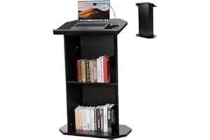 DEVLOUTT 47’’ Wooden Podium Stand with Wheels, Portable Lectern Churches with 15 MM Particle Board, Pulpits Stand with Storage, Lockable Wheels, Mic Stand for Churches, Office, School (Black Podium)