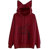 Lziizl Women Girl Hoodies Cute Cat Ear Novelty Printed Pullover Sweatshirt