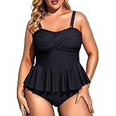 Daci Women Two Piece Plus Size Swimsuit with Bottom Peplum Tankini High Waisted Tummy Control Bathing Suit