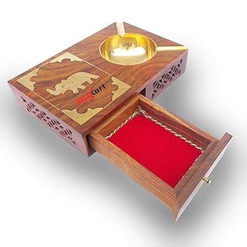 BuzyKart Wooden Ash Tray Cum Cigarette Case Drawer Big Ashtray Cum Showpiece