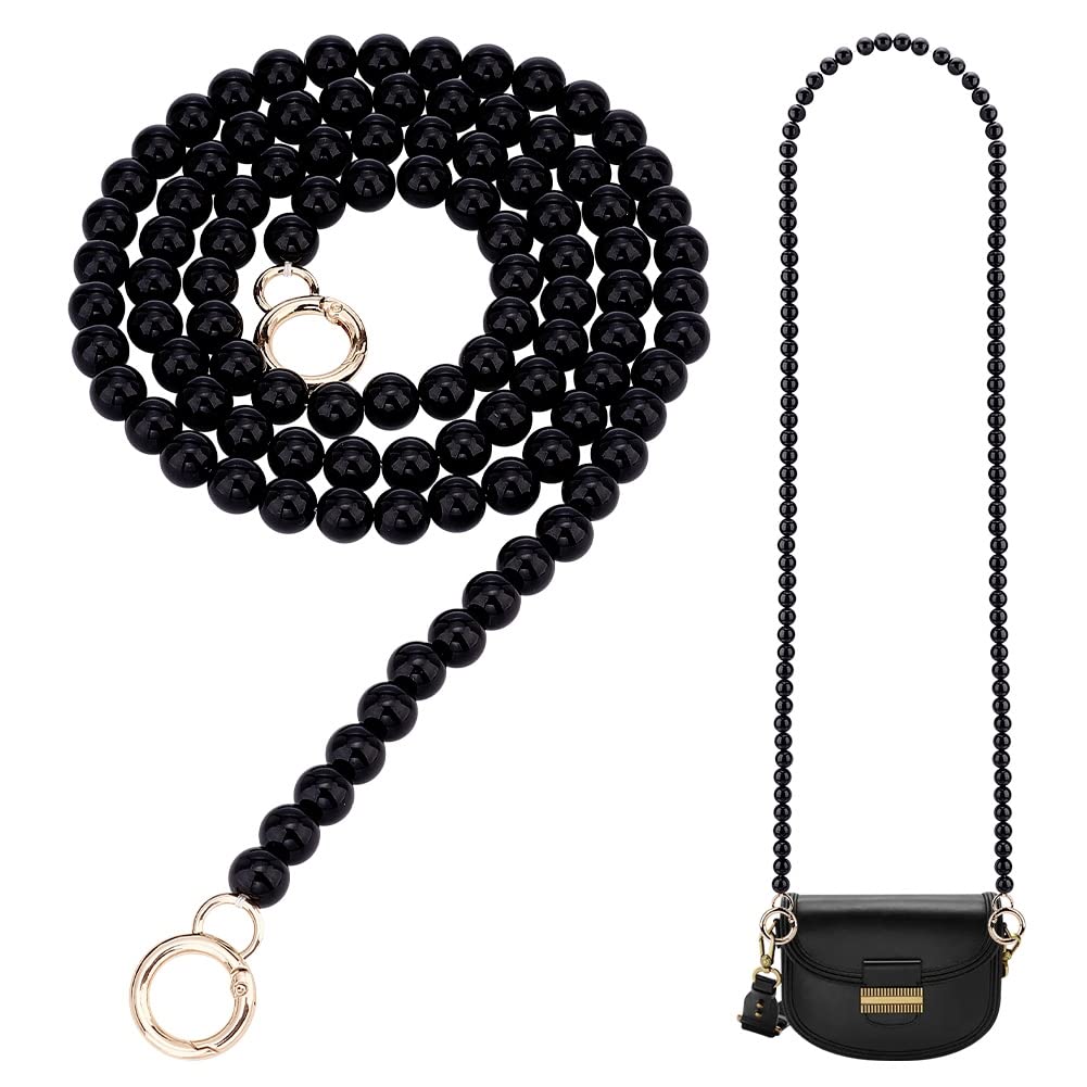 PH PandaHall 120cm/47 inch Imitation Pearl Bead Bag Chain, Crossbody Bag Chain Strap 12mm Black Pearl Purse Chain Replacement with Golden Clasps for Women Purse Handbag Wallet DIY Bags