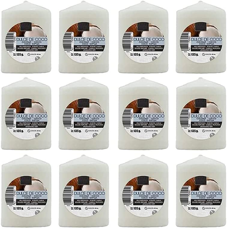 Sweet Coconut Scented Candles XL 2.76 x 2.24 In (70 x 57 mm) - Pack of 12 Units - Aromatic Candles, Long Lasting and Delicate Aroma - 22-24 Hours Duration - Candle Aromatherapy