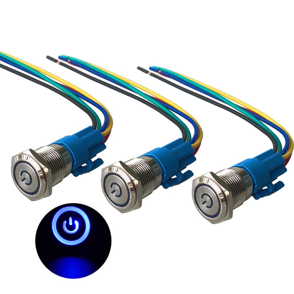QitinDasen 3Pcs Premium 12V/24V 5A Self-locking Latching Push Button Switch, 16mm Car Ignition Starter Switch, Blue LED Light Stainless Steel IP67 Waterproof Switch with Socket Plug Wire