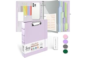 BVSSX 3 Ring Binder, 1 Inch Leather Binders with Clipboards, 5-Tabs Pockets Dividers, 18 Divider Stikers, Plastic Folder, Pen Holder, Three Ring Binder with Pen Holder(Purple, Letter Size)