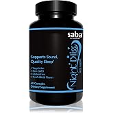 Saba Night Bliss Natural Sleep Aid | Non-Habit Forming | Sleep Supplement for Longer Sleep &amp; Stress Relief w/Magnesium, Melatonin, GABA, Chamomile, &amp; Valerian (60 Vegan Capsules, 30 Day Supply)