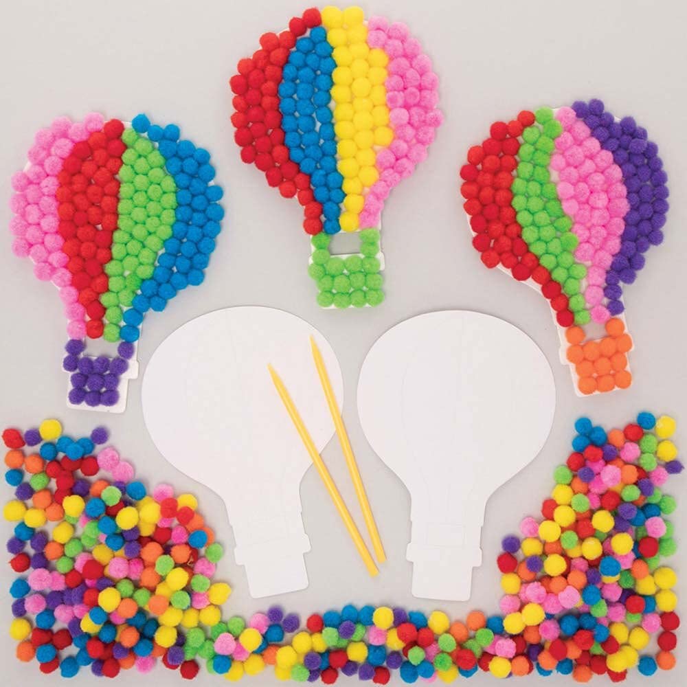 Baker Ross FE373 Hot Air Balloon Craft Pom Pom Art Kit - Pack of 5, Self Adhesive Card with Coloured Pompoms Crafts
