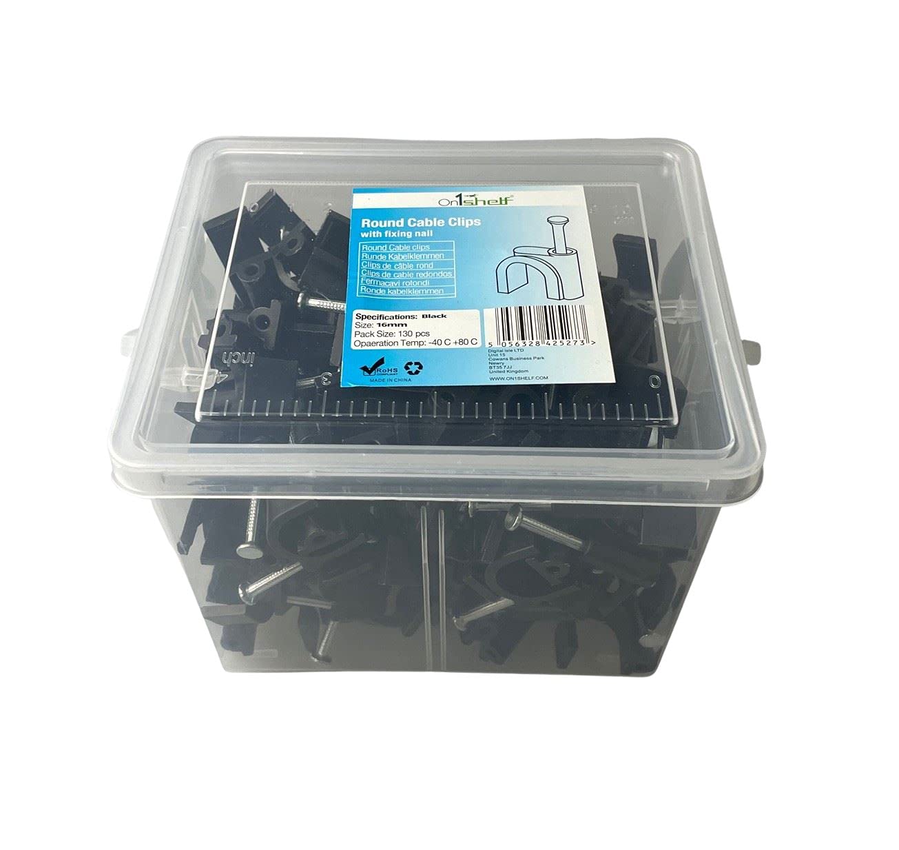Black Round Cable Clips K-Type Trade Box, 16mm- 130 Pieces