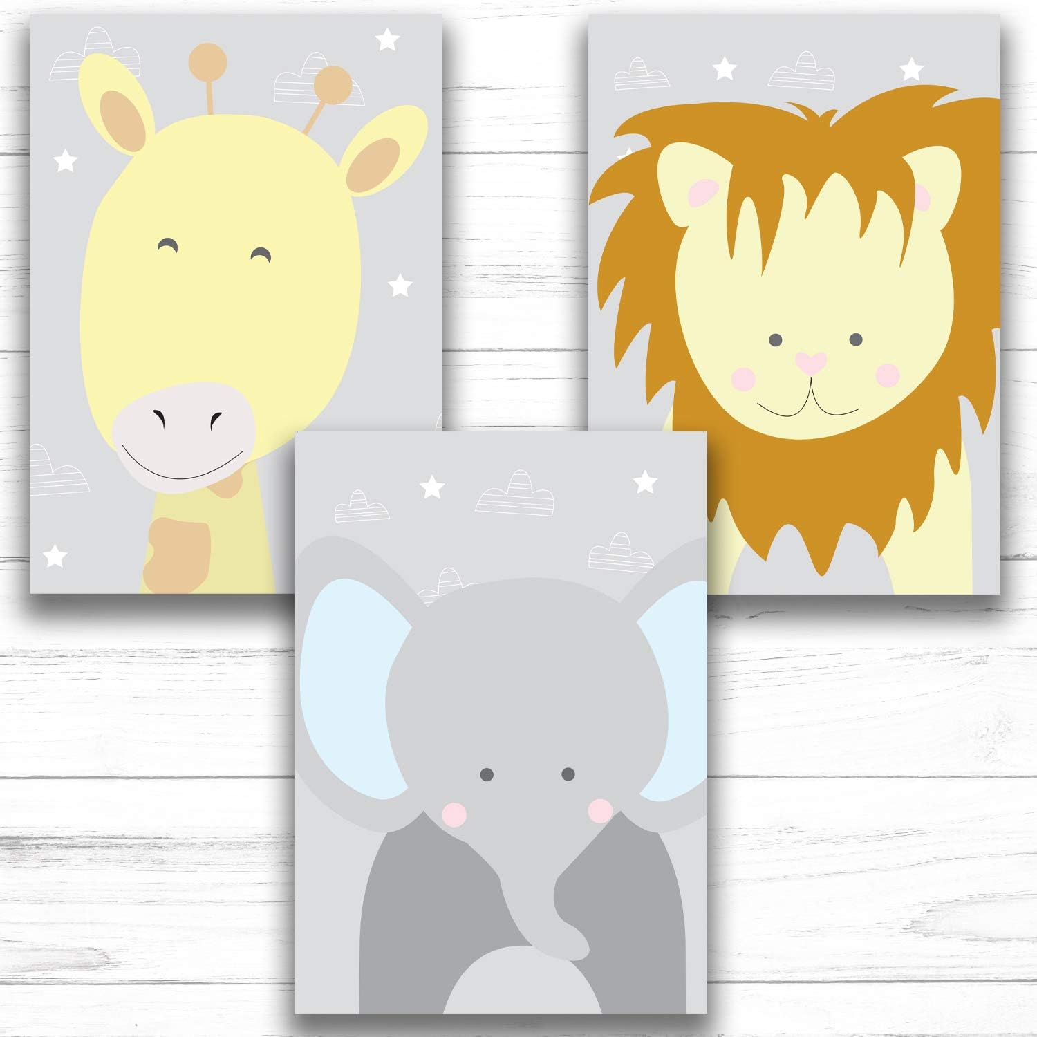 Fabian Roo 3pc Hand Drawn Nursery Décor - Adorable A4 Card Prints - Optional Wooden Frames Available! (10 - Elephant, Giraffe, Lion (Grey), A4 Card Print)
