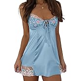 Kolagri Womens Sexy Satin Nightgown Spaghetti Strap Floral Lace V Neck Lingerie Dress Slip Babydoll Chemise Sleep Wear