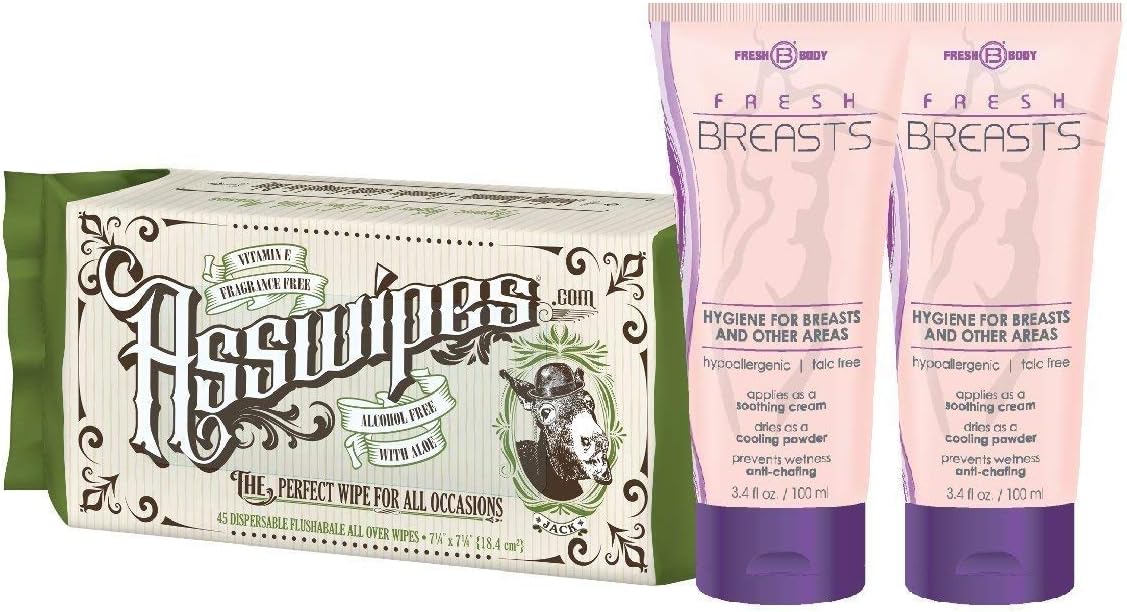 Fresh Body FB Ladies Fresh Pack: (2 Pack) Fresh Breasts 3.4 oz Anti-Chafing Soothing Lotion for Women, and Asswipes Cleansing All Over Hygiene Wipes - Alcohol and Fragrance Free