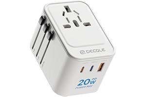 decqle Universal Travel Adapter, International Travel Plug Adapter with 2 USB-C(PD 20W) ＆ 1 USB-A Ports, All in One Portable Adaptor, for USA, UK, EU, AU ＆ 224+ Countries (White) US