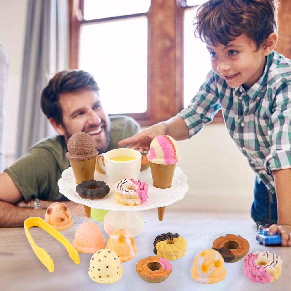 MCPINKY Pretend Play Food Set，Pretend Ice Cream Tower Balance Game Donuts Stacking Toy Play Kitchen Tea Set Educational Gifts for Boys Girls Kids