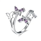 Qinlee Women Ring Elegant Fashion Butterfly Crystal Ring Diamond Bend Size Adjustable Open Rings Wedding Jewelry For Lady Girls Birthday Gift(Sliver)
