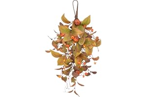 KWQBHW Fall Harvest Teardrop Swag Artificial Fall Swag Thanksgiving Day Teardrop Wreath Hanging Sunflower Berry Swag for Front Door Wall Autumn Outdoor Decor(Pumpkin)