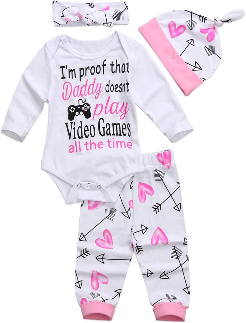4PCS/Set Baby Girls Clothes Set Newborn Infant Toddler Princess Letter Romper Arrow Heart Pants Hats Headband