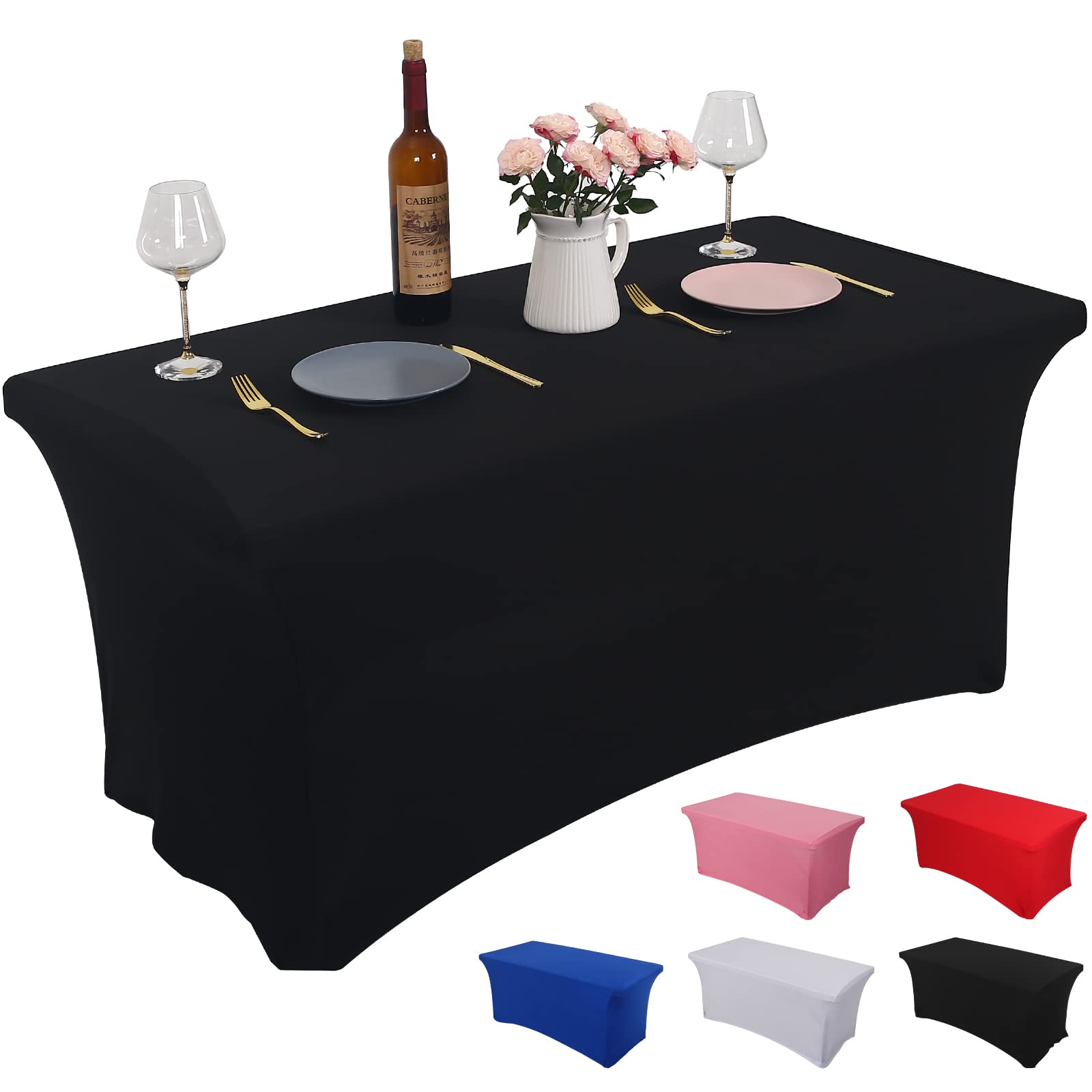 Rainberg Spandex Table Cover, Black Tablecloth 6FT, Washable and Wrinkle Resistant Stretch Rectangular Patio Table Cover for Event, Wedding, Banquet & Parties. (183Lx76Wx76H) cm (Black, 6FT)