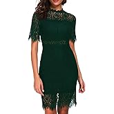 Zalalus Women's Elegant High Neck Short Sleeves Lace Cocktail Party Dress