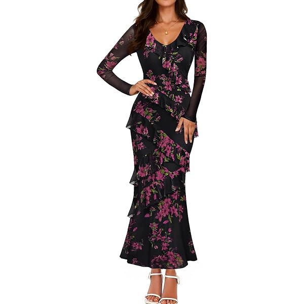 ebossy Women's Floral Print Boat Neck Long Sleeve Pleated Maxi Long Evening  Dress (XX-Large, Navy) at Amazon Women's Clothing store
