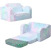 MeMoreCool Folding Toddler Chair, Soft Plush Fold Out Kids Couch Sofa Glow in The Dark, Comfy Baby Recliner for Girls Boys (Blue Galaxy)
