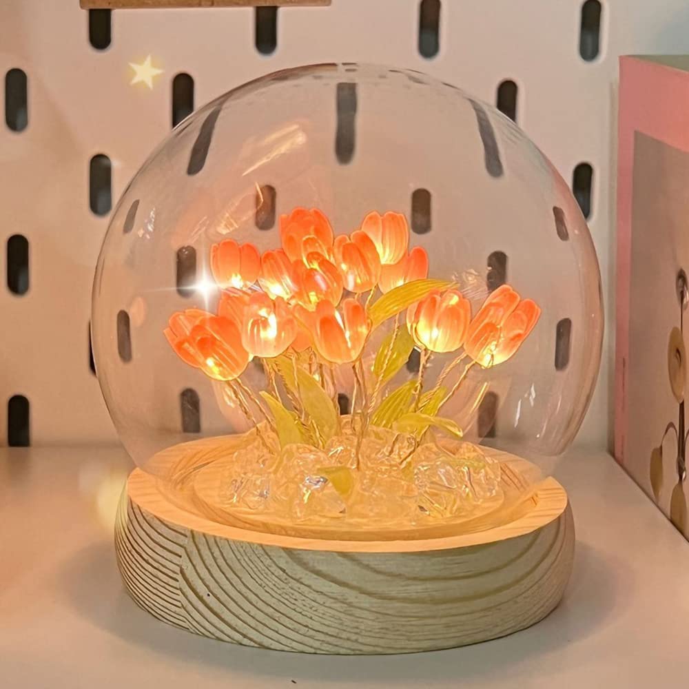 DINOWIN Tulip Flower Table Lamp DIY Tulip Acrylic Table Night Lamp Handmade Art and Crafts Kits Decor LED Nightlight for Valentine Wedding Party (13 Tulips, Pink) — image 1