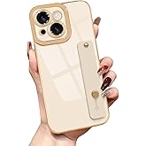 Lafunda for iPhone 14 Plus Case Cute, Luxury Gold Plated for Women Girls Elegant TPU Bumper Cover with Wrist Strap Kickstand Camera Protection Shockproof Silicone Phone Case for iPhone 14 Plus, White