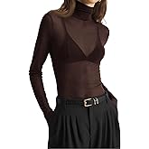 Ahtyeo Womens Mesh Sheer Long Sleeve Top See Through Turtleneck Going Out Tops Trendy Sexy Tee Shirts Lace Blouse