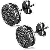 14k Gold Plated Round Circle Mens Inlaid Cubic Zirconia Earrings Hip Hop Iced Out Push Back CZ Stud Earrings for Men
