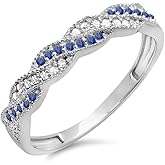 Dazzlingrock Collection Natural Round White Diamond & Blue Sapphire Womens Anniversary Wedding Stackable Band Swirl Ring, 14K Solid White Gold