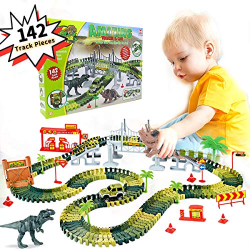 Gifts for 3-8 Year Old Boy Seckton Dinosaur Toys Flexible Track Set Create A Road 142 Piece Jurassic World Park Slot Car Race Train Playset Children Festival Accessories Kids Christmas Birthday Gifts