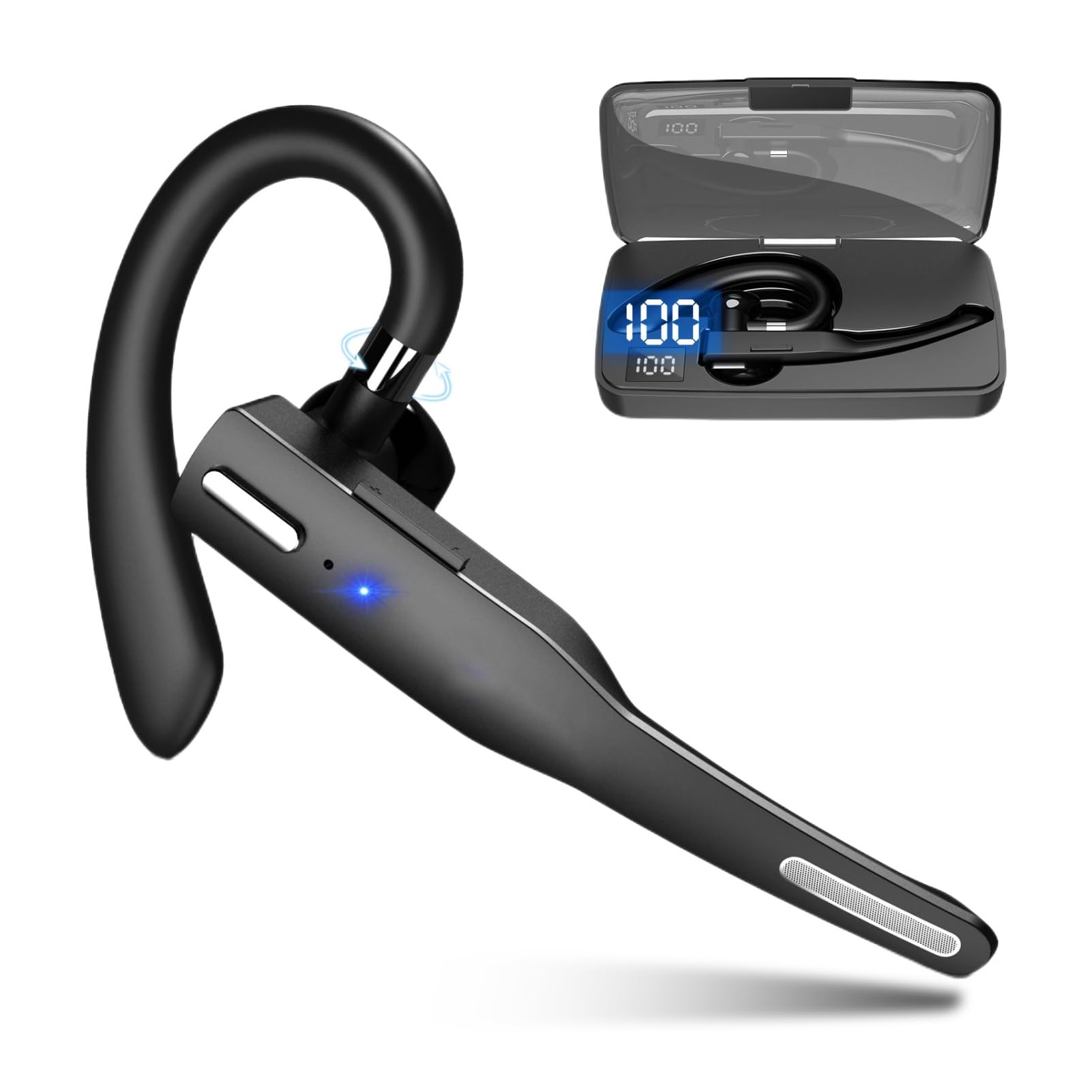 Zunate Bluetooth Earpiece, Bluetooth 5.1 Wireless Handsfree Headset with Microphone, Rotatable Single Ear Wireless Headset for Driving Business Office, One Touch Control(Standard Headphones)