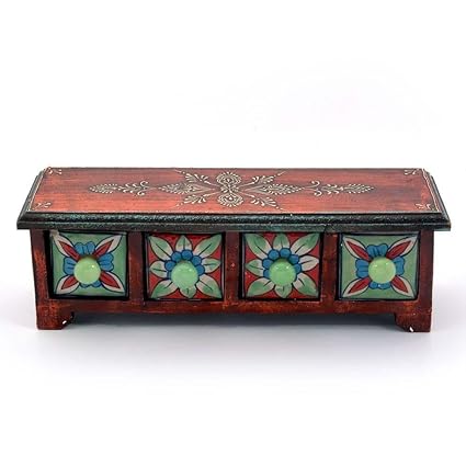 Creative Studio Wooden Ceramic Blue Pottery 4 Drawer Set Bowl