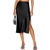 Skrtimory Womens Satin Silk High Waist Slit Midi Skirt Elastic Waistband Midi Skirts for Women