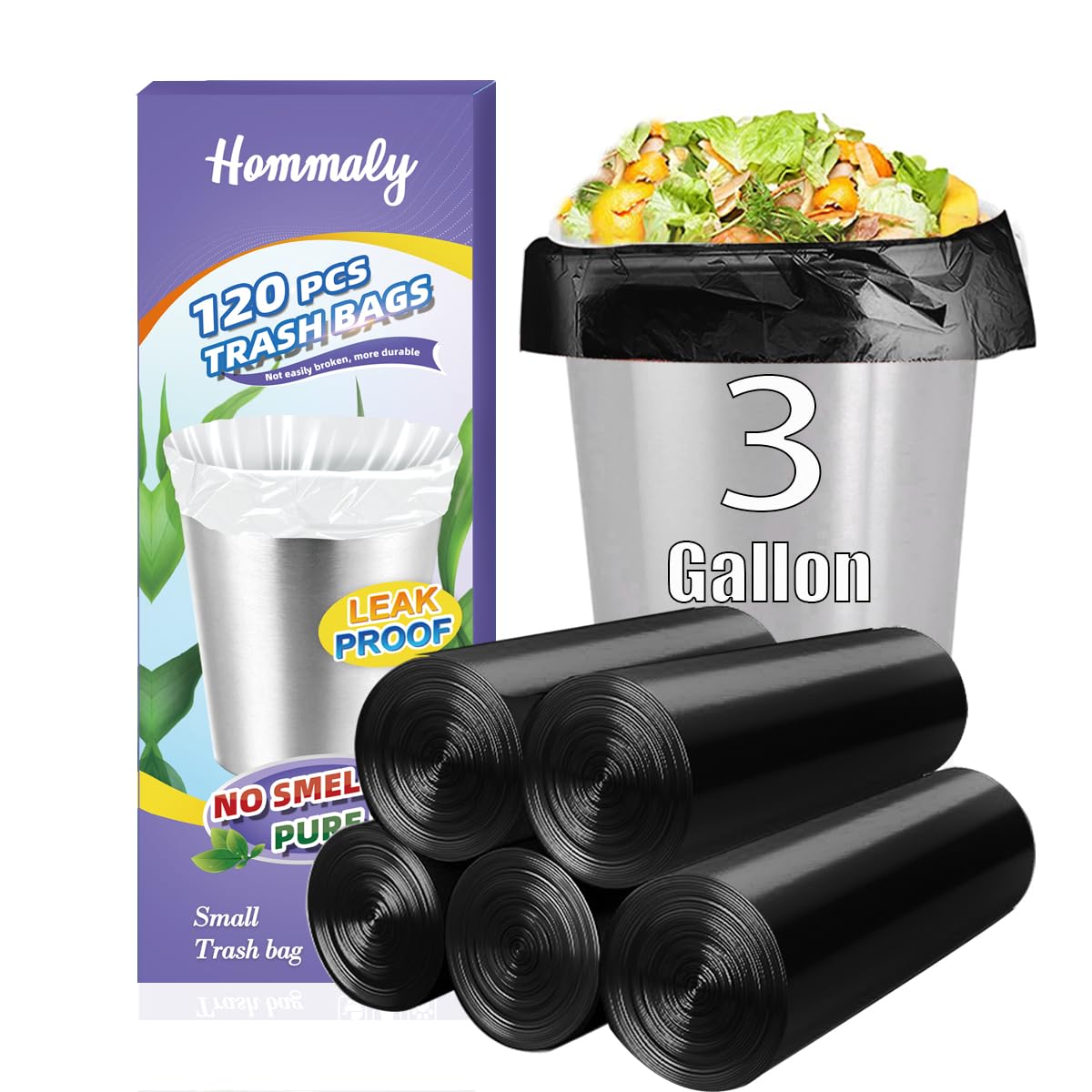 Photo 1 of 3 Gallon 120pcs Small black Trash Bags(Fit 3-3.2 Gal) Plastic Strong black Garbage Bags,Bathroom Trash Can Bin Liners,Waste Basket Liner,Fit 10-13 Liter, 2.6 Gallon,3 Gallon,3.2Gallon (3-Black120)