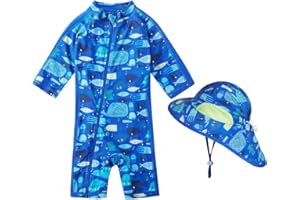 ERDAWUM Toddler Baby Boys Swimsuit Rashguard One Piece Zipper Bathing Suit with Sun Hat Infant Swimwear Sunsuit UPF 50+