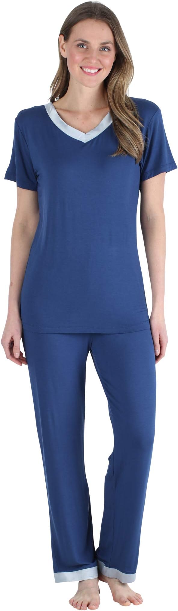 Pajama Heaven Women's Sleepwear Bamboo Jersey V-Neck Top and Pants Pajama Set with Satin Trim