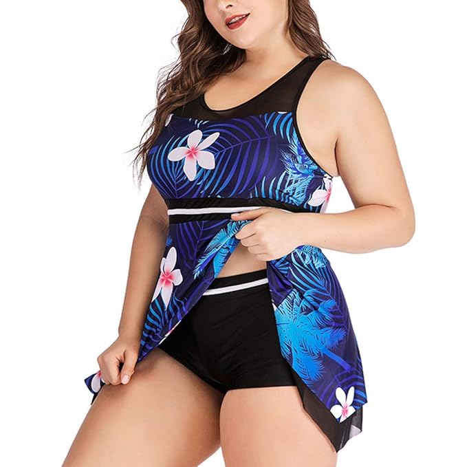 Eomenie Tankini Damen Badeanzug, High Waist Badekleider Große Größe Neckholder Bademode figurformend, Blumen Monokini für mol